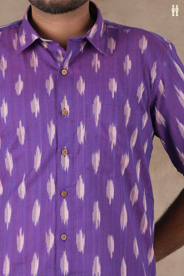 Regular Collar Ikat Design Purple Cotton Shirt