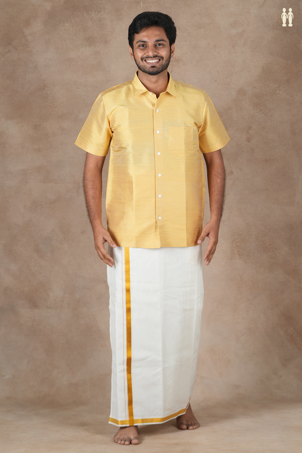 Regular Collar Plain Light Yellow Raw Silk Shirt