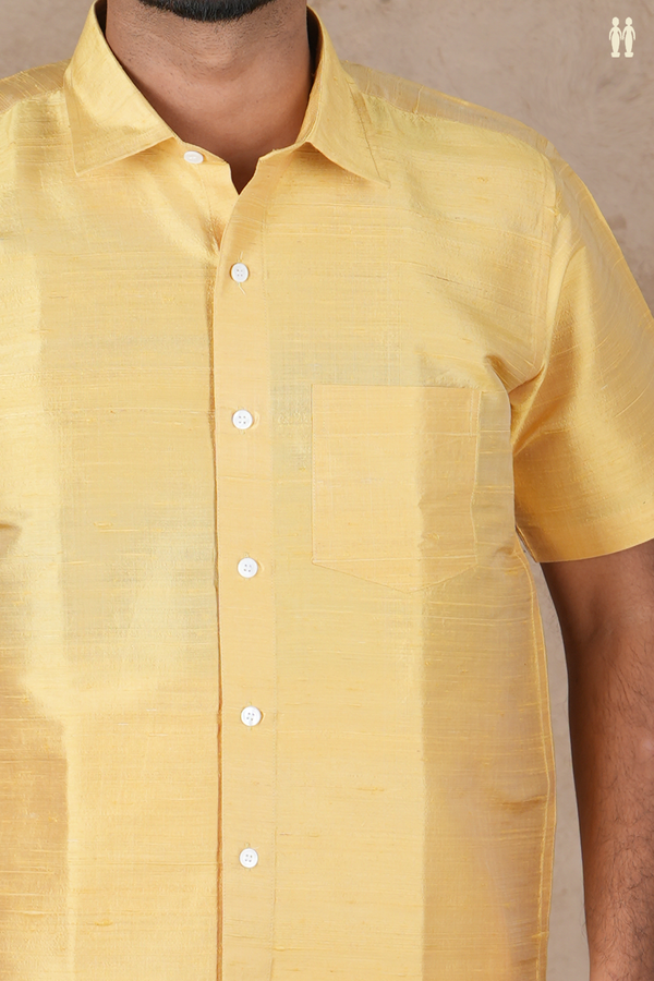Regular Collar Plain Light Yellow Raw Silk Shirt
