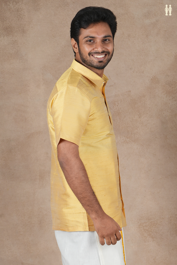 Regular Collar Plain Light Yellow Raw Silk Shirt