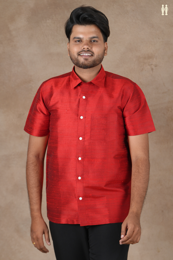 Regular Collar Plain Scarlet Red Raw Silk Shirt