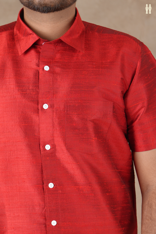 Regular Collar Plain Scarlet Red Raw Silk Shirt