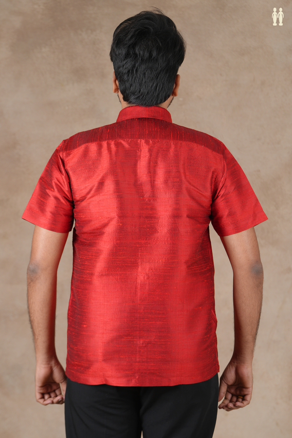 Regular Collar Plain Scarlet Red Raw Silk Shirt
