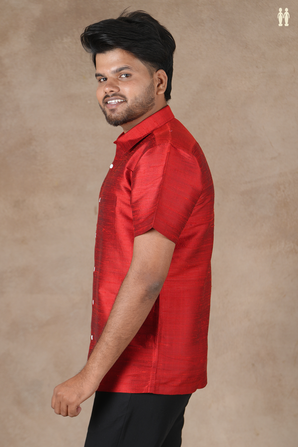 Regular Collar Plain Scarlet Red Raw Silk Shirt