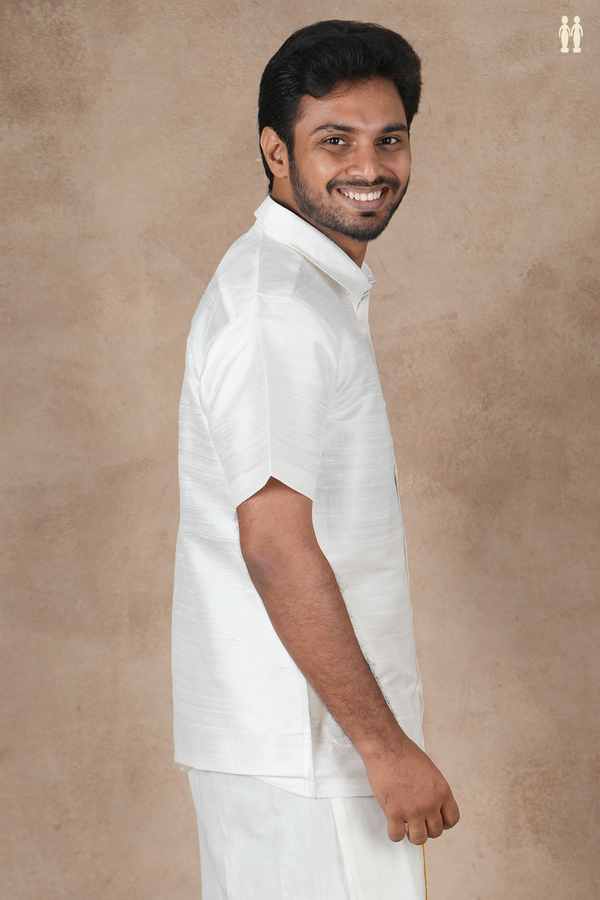Regular Collar Plain White Raw Silk Shirt