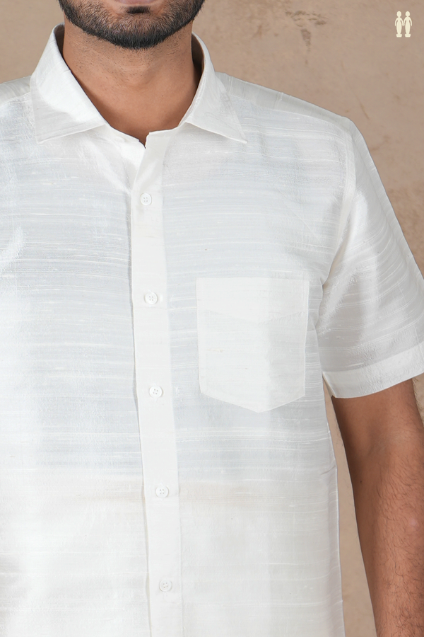 Regular Collar Plain White Raw Silk Shirt