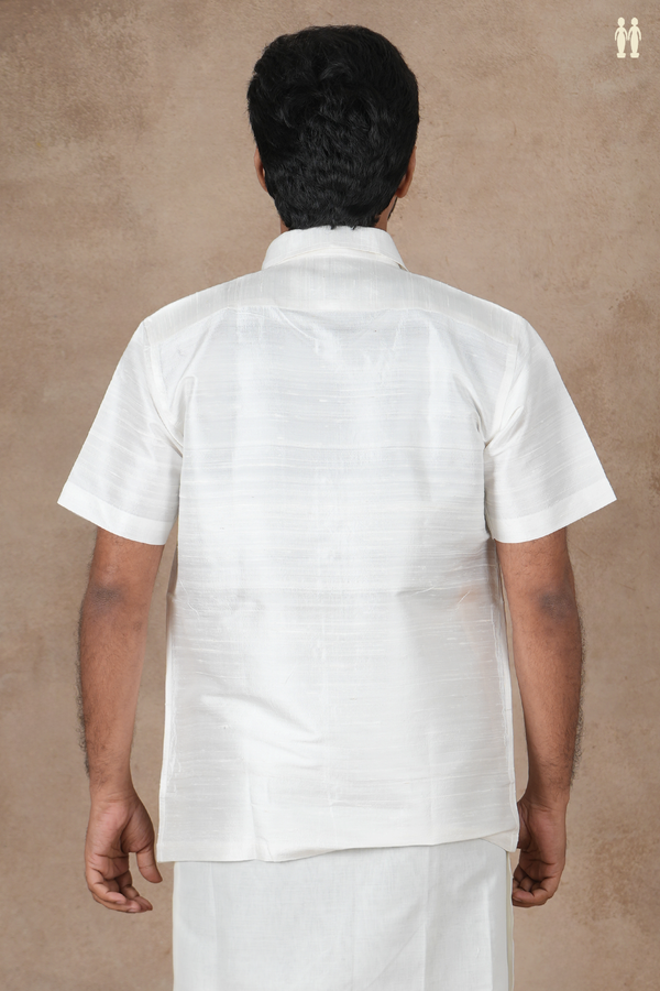 Regular Collar Plain White Raw Silk Shirt