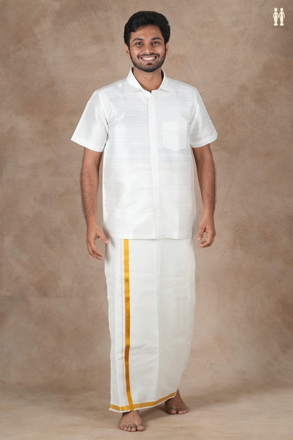 Regular Collar Plain White Raw Silk Shirt