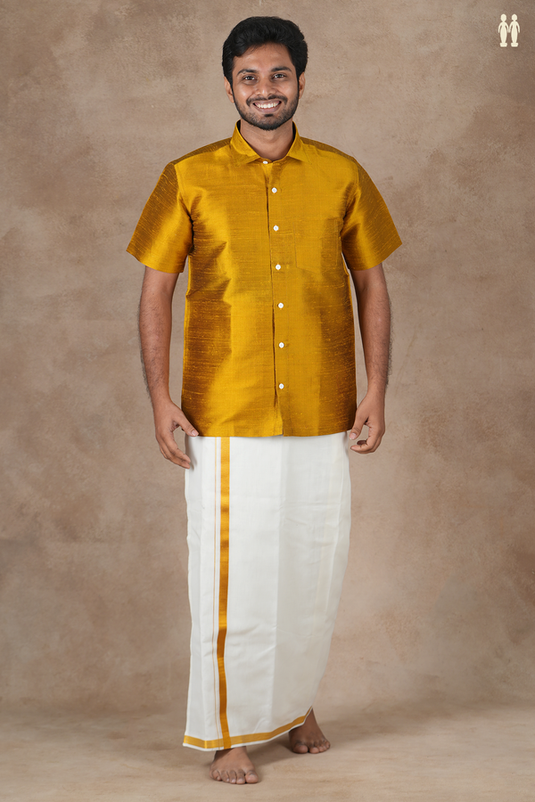 Regular Collar Plain Golden Yellow Raw Silk Shirt