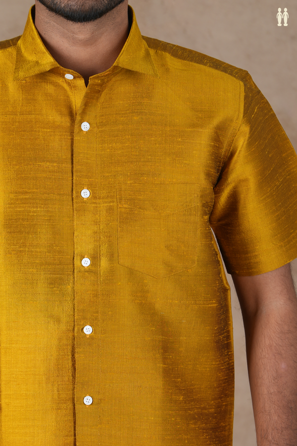 Regular Collar Plain Golden Yellow Raw Silk Shirt