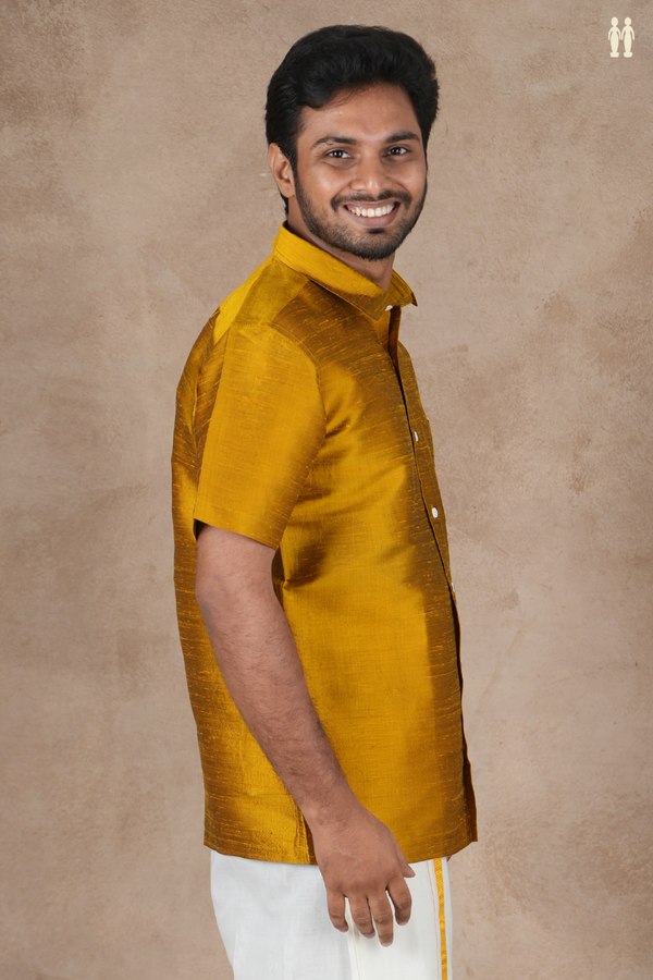 Regular Collar Plain Golden Yellow Raw Silk Shirt
