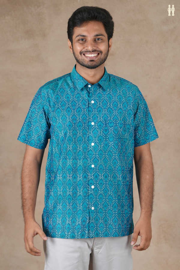 Regular Collar Ikat Design Teal Blue Pochampally Silk Shirt