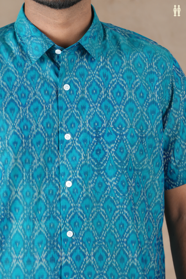 Regular Collar Ikat Design Teal Blue Pochampally Silk Shirt