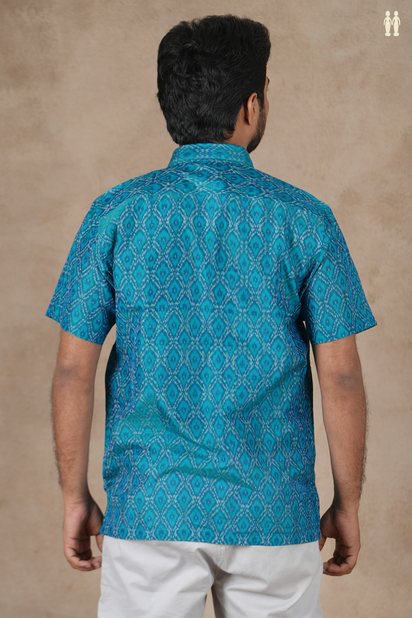 Regular Collar Ikat Design Teal Blue Pochampally Silk Shirt
