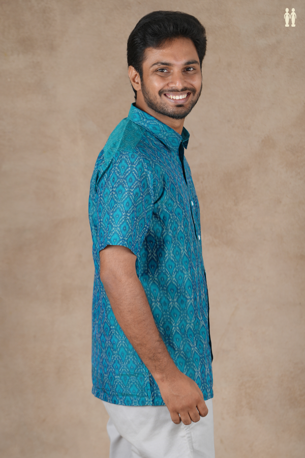 Regular Collar Ikat Design Teal Blue Pochampally Silk Shirt