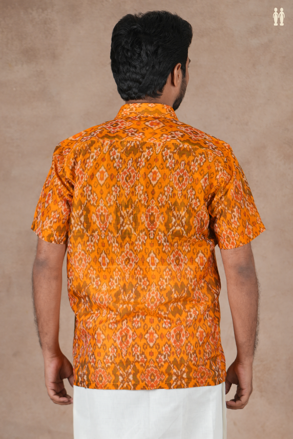 Regular Collar Ikat Design Orange Pochampally Silk Shirt