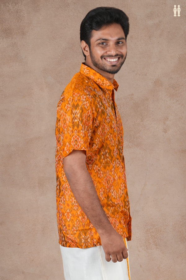 Regular Collar Ikat Design Orange Pochampally Silk Shirt