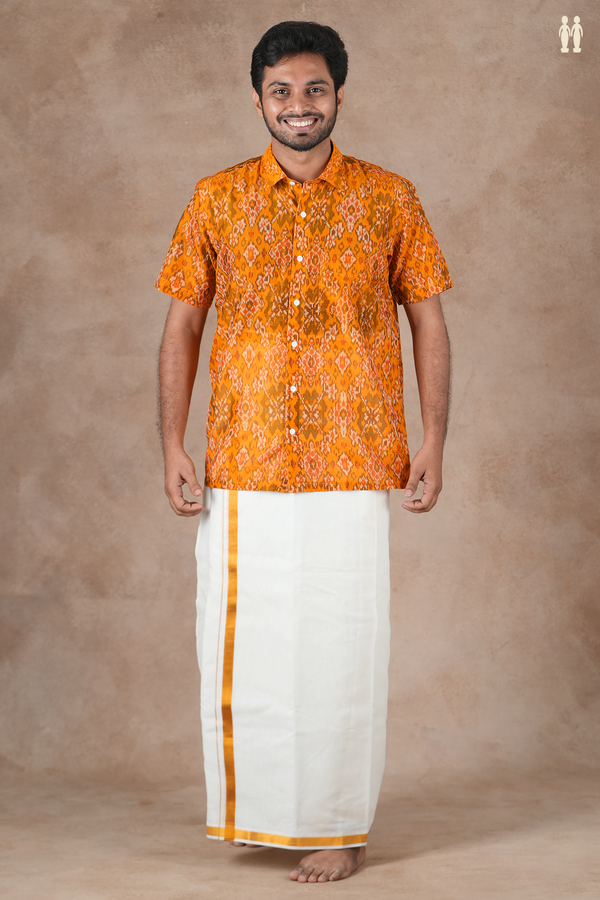 Regular Collar Ikat Design Orange Pochampally Silk Shirt