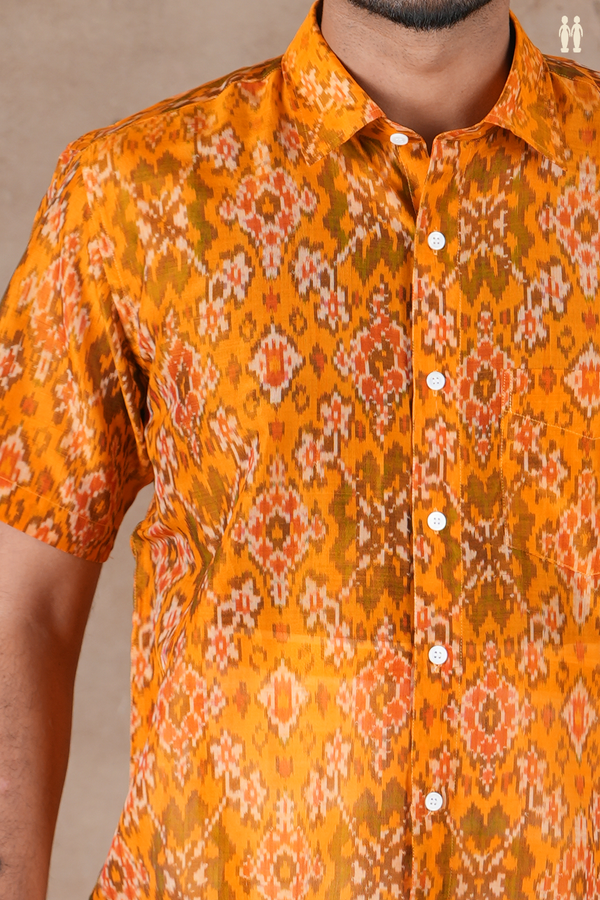 Regular Collar Ikat Design Orange Pochampally Silk Shirt