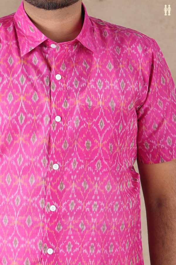 Regular Collar Ikat Design Pink Pochampally Silk Shirt