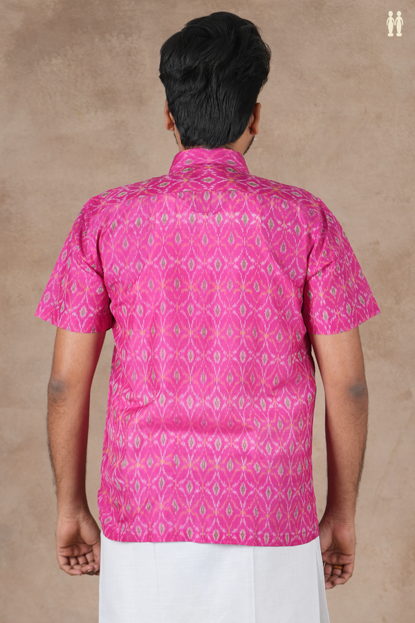 Regular Collar Ikat Design Pink Pochampally Silk Shirt