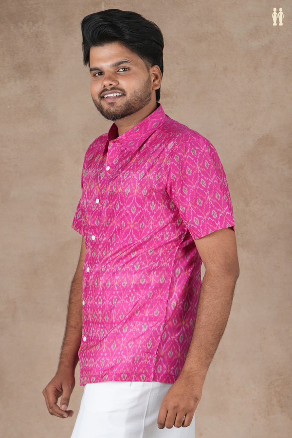 Regular Collar Ikat Design Pink Pochampally Silk Shirt