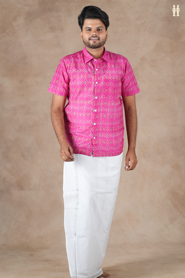 Regular Collar Ikat Design Pink Pochampally Silk Shirt
