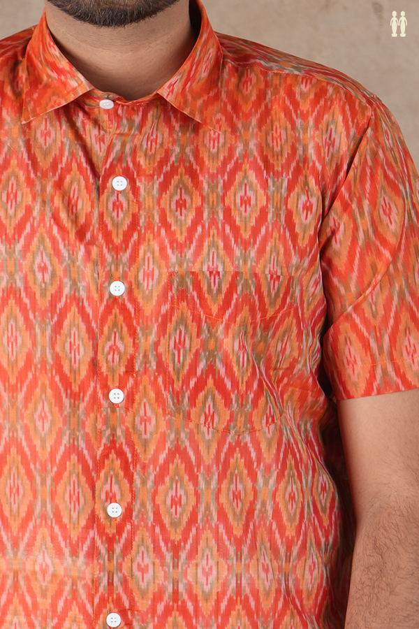 Regular Collar Ikat Design Spiced Orange Pochampally Shirt