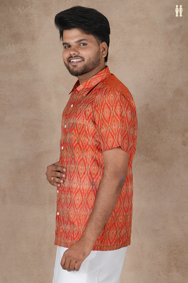 Regular Collar Ikat Design Spiced Orange Pochampally Shirt