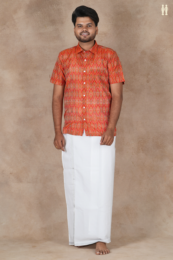 Regular Collar Ikat Design Spiced Orange Pochampally Shirt