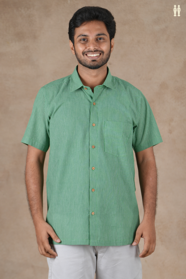 Regular Collar Stripes Design Green Cotton Shirt