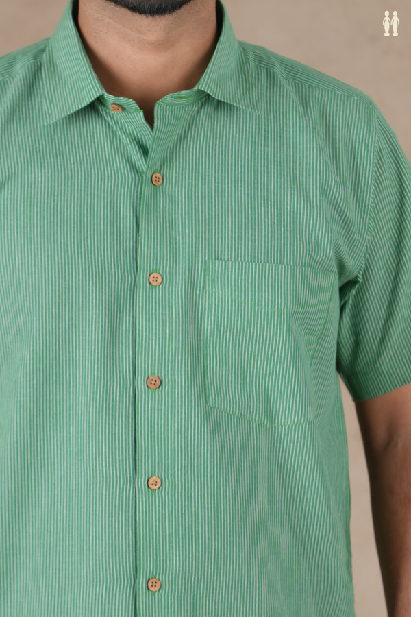 Regular Collar Stripes Design Green Cotton Shirt