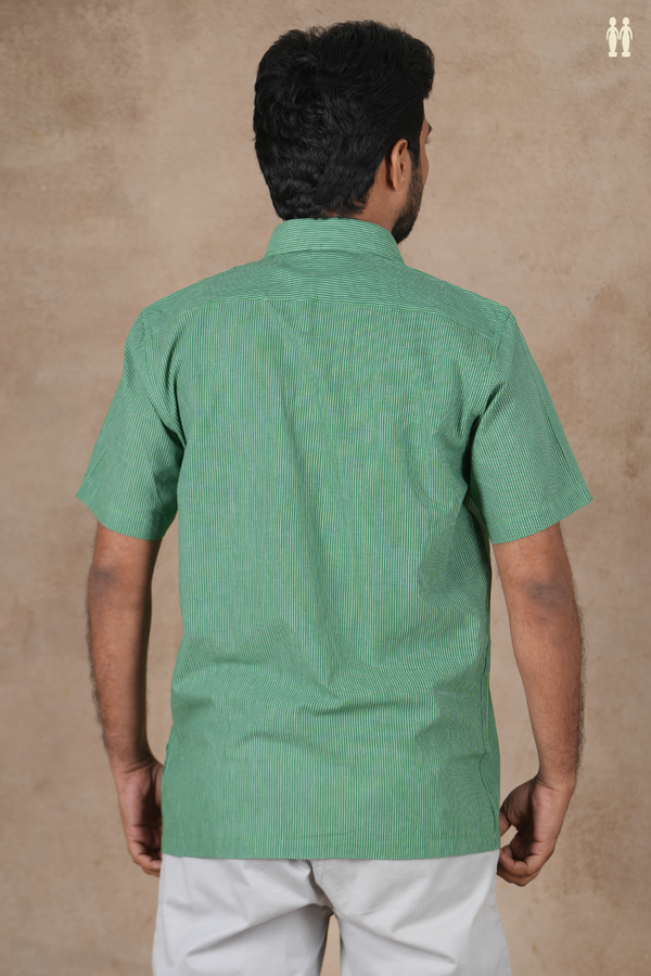 Regular Collar Stripes Design Green Cotton Shirt