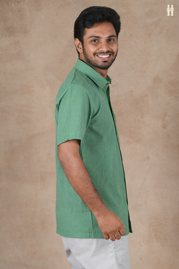Regular Collar Stripes Design Green Cotton Shirt