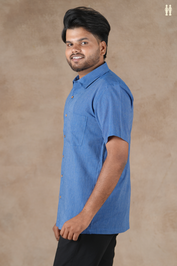 Regular Collar Stripes Design Blue Cotton Shirt