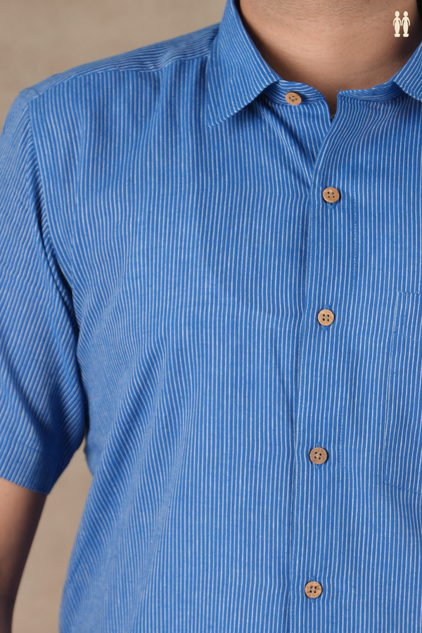 Regular Collar Stripes Design Blue Cotton Shirt