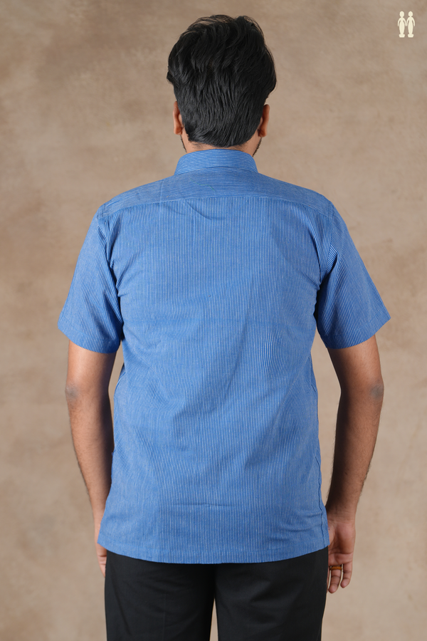 Regular Collar Stripes Design Blue Cotton Shirt