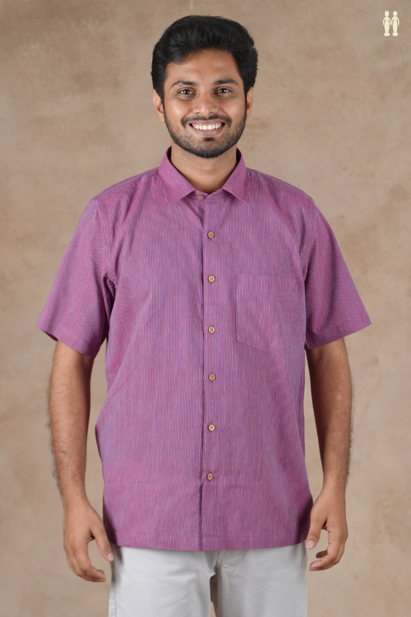 Regular Collar Stripes Design Purple Cotton Shirt