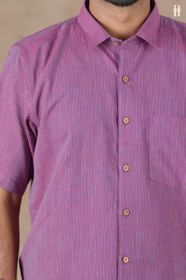 Regular Collar Stripes Design Purple Cotton Shirt