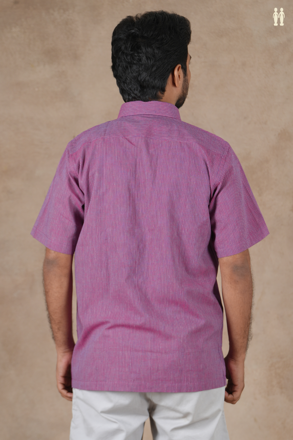 Regular Collar Stripes Design Purple Cotton Shirt