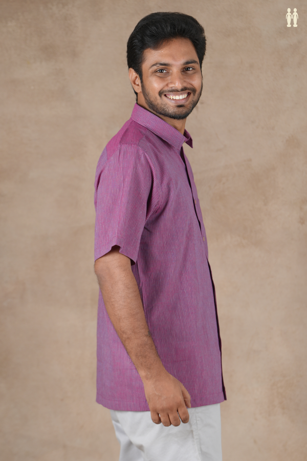 Regular Collar Stripes Design Purple Cotton Shirt