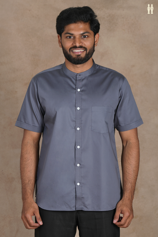 Chinese Collar Plain Grey Silk Shirt