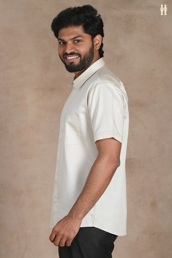 Regular Collar Plain Off White Silk Shirt