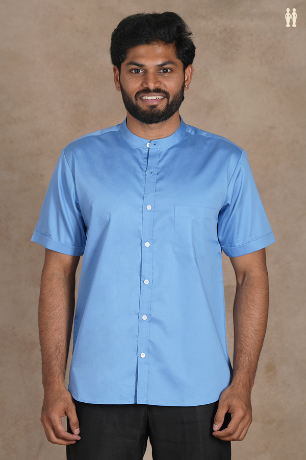 Chinese Collar Plain Cornflower Blue Silk Shirt
