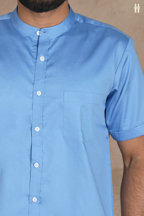 Chinese Collar Plain Cornflower Blue Silk Shirt
