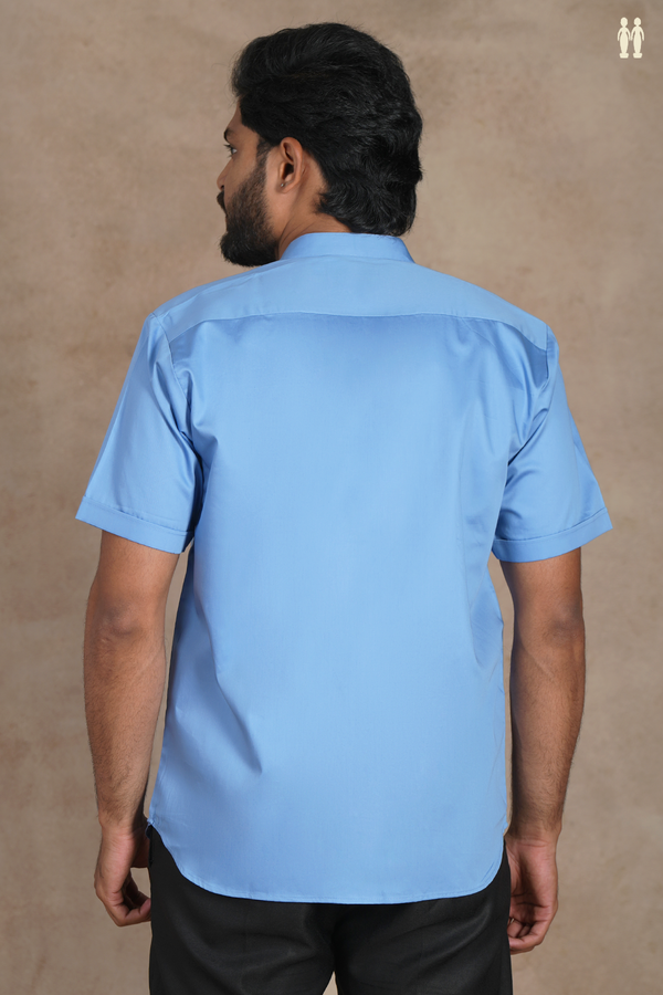 Chinese Collar Plain Cornflower Blue Silk Shirt