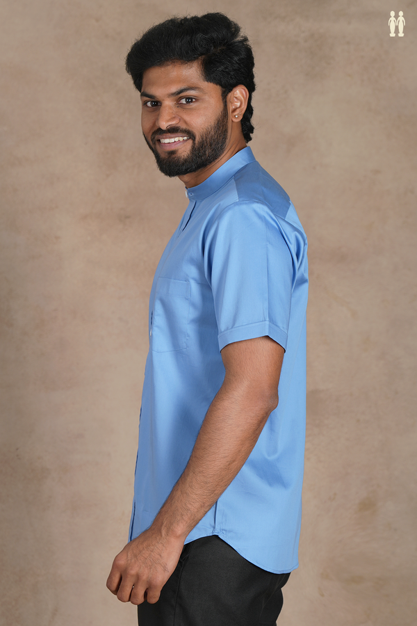 Chinese Collar Plain Cornflower Blue Silk Shirt