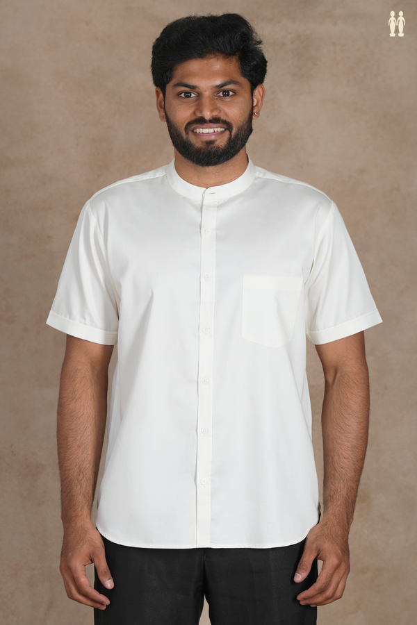Chinese Collar Plain Off White Silk Shirt
