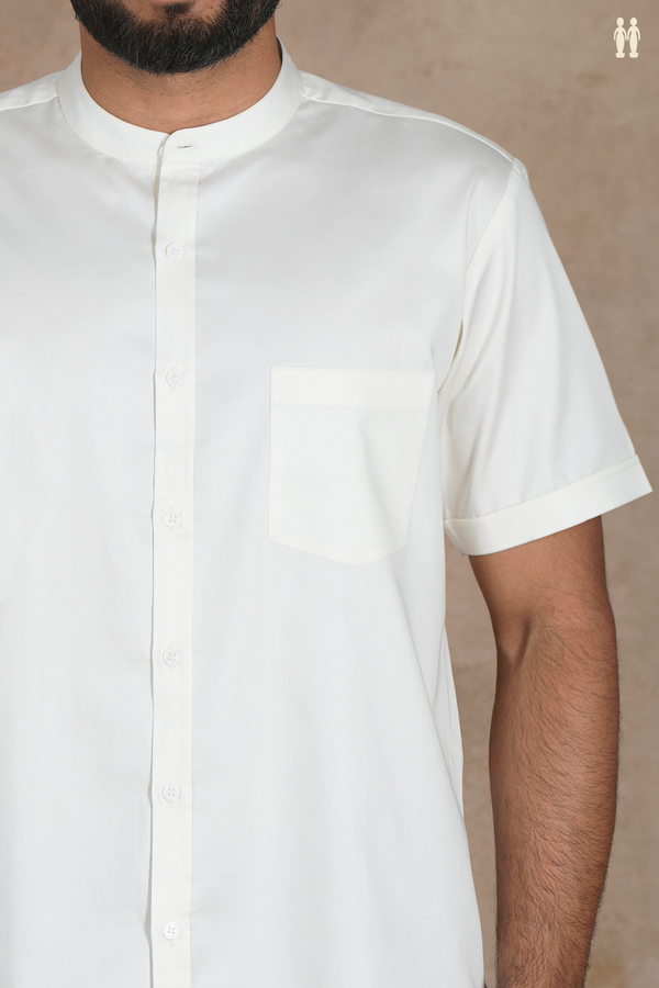 Chinese Collar Plain Off White Silk Shirt