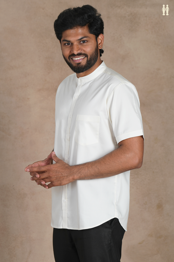 Chinese Collar Plain Off White Silk Shirt